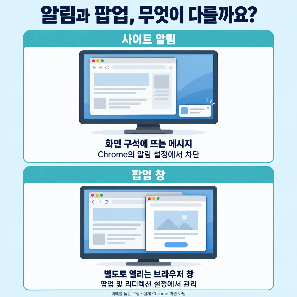 화면 구석에 나타나는 사이트 알림과 별도 브라우저 창으로 열리는 팝업의 차이